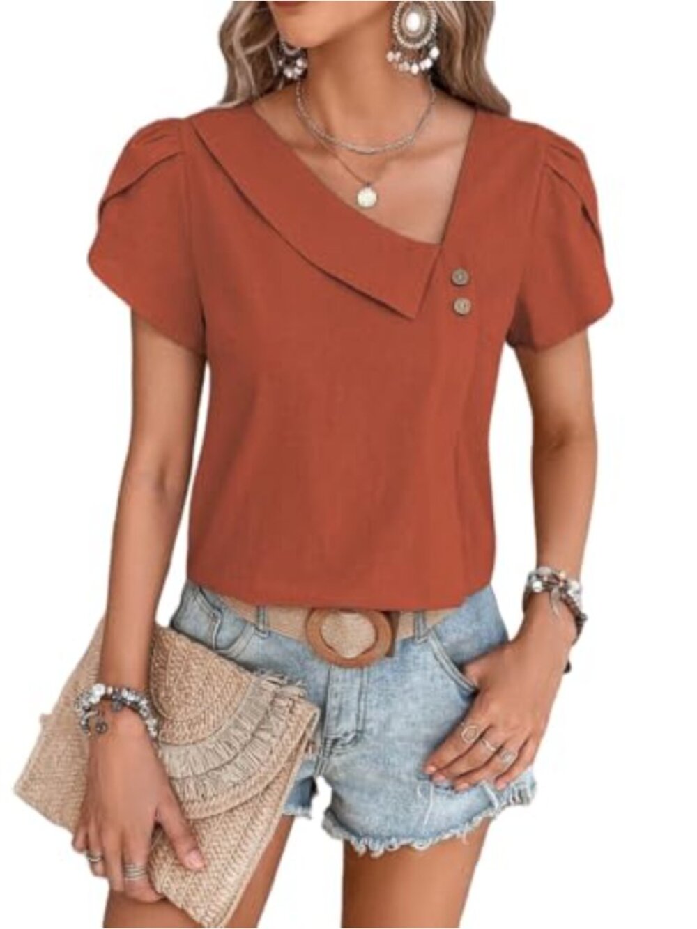 Women's Boho Blouse Asymmetric Neckline Button Down Short Sleeve Top